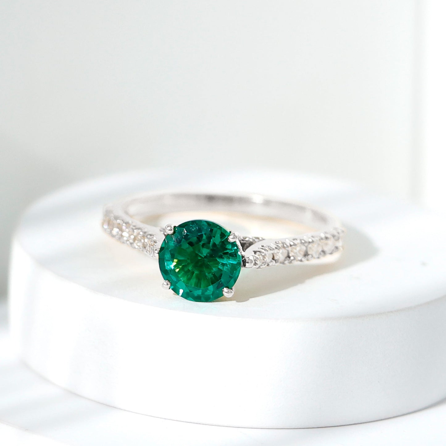 Lab Created Emerald Solitaire Engagement Ring with Diamond Side Stones
