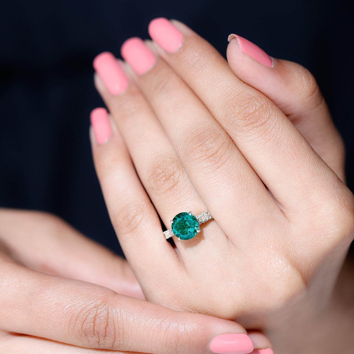 Lab Created Emerald Solitaire Engagement Ring with Diamond Side Stones