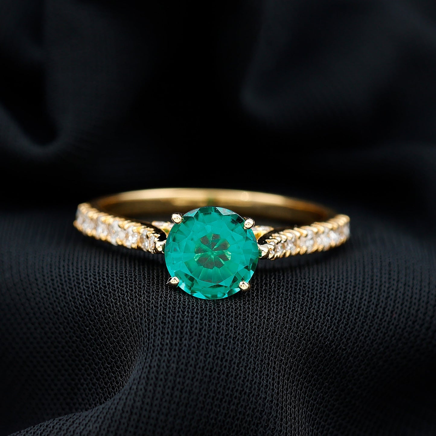 Lab Created Emerald Solitaire Engagement Ring with Diamond Side Stones