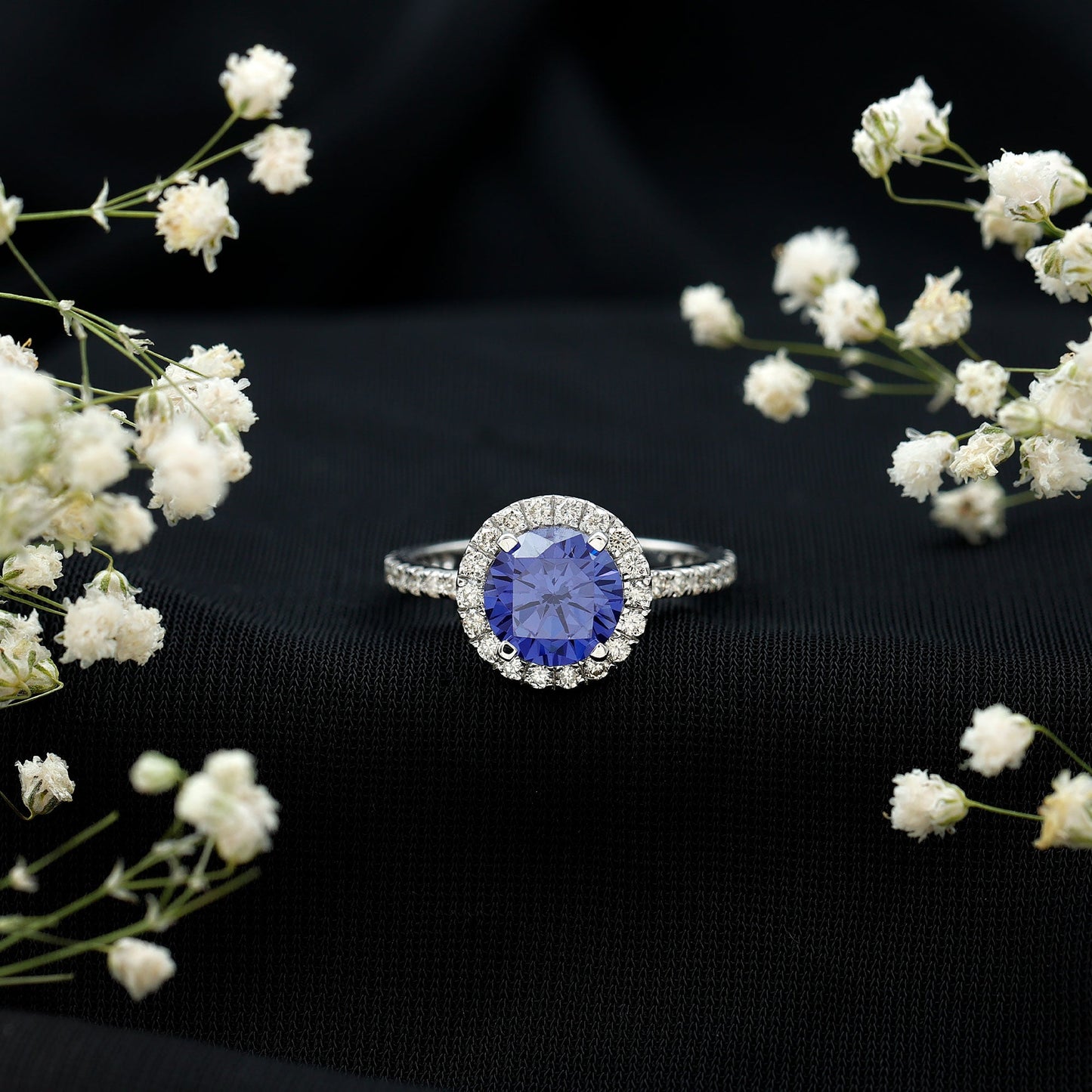 2.7 Carat Round Lab Created Blue Sapphire Classic Engagement Ring with Diamond Halo