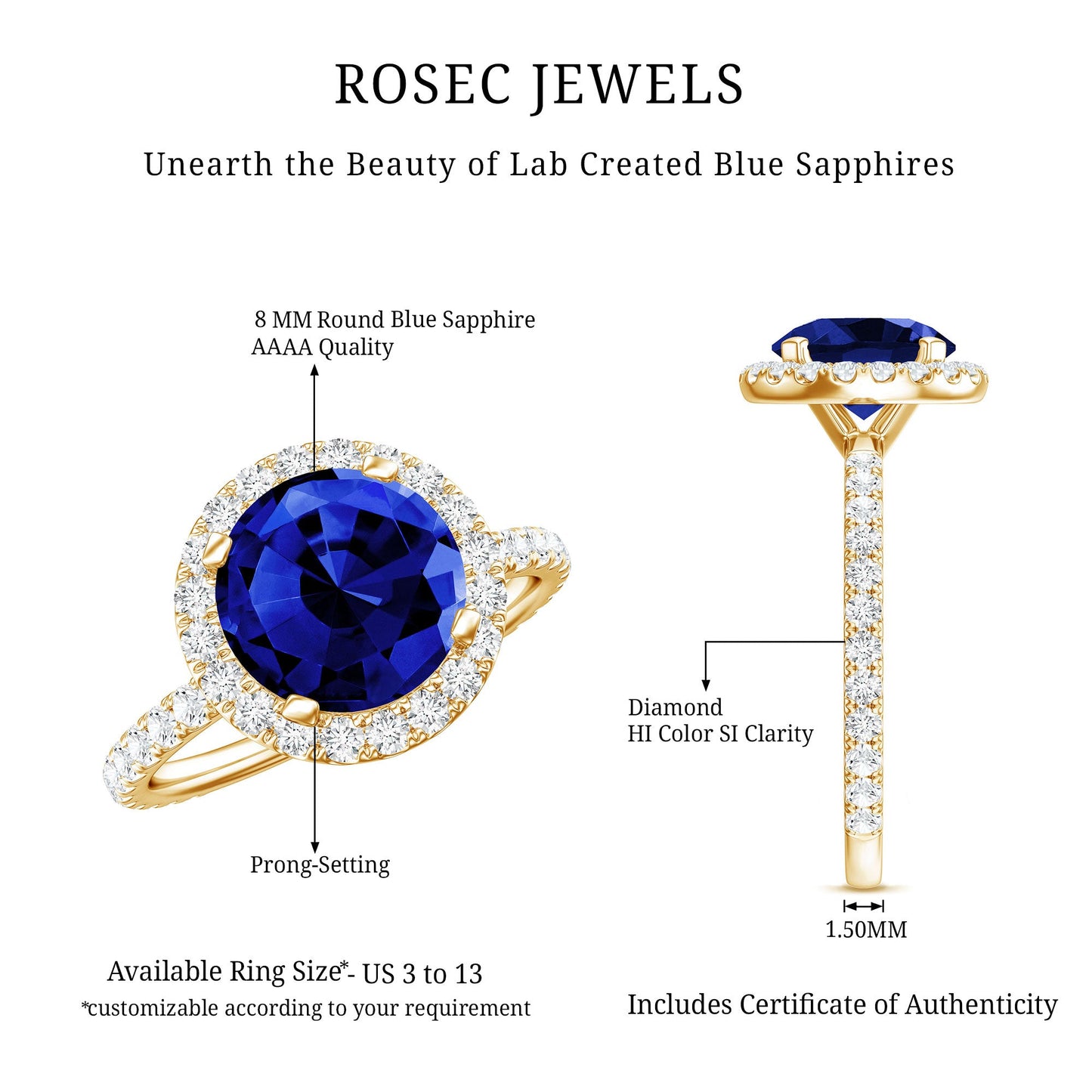 2.7 Carat Round Lab Created Blue Sapphire Classic Engagement Ring with Diamond Halo
