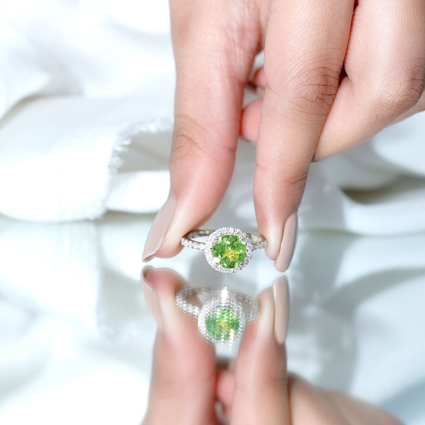 2 Carat Round Peridot Engagement Ring with Diamond Halo