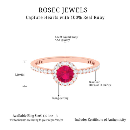 Minimal 0.6 Carat Ruby Engagement Ring with Diamond Halo