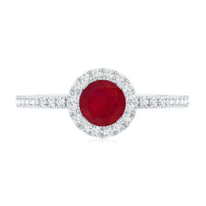 Minimal 0.6 Carat Ruby Engagement Ring with Diamond Halo