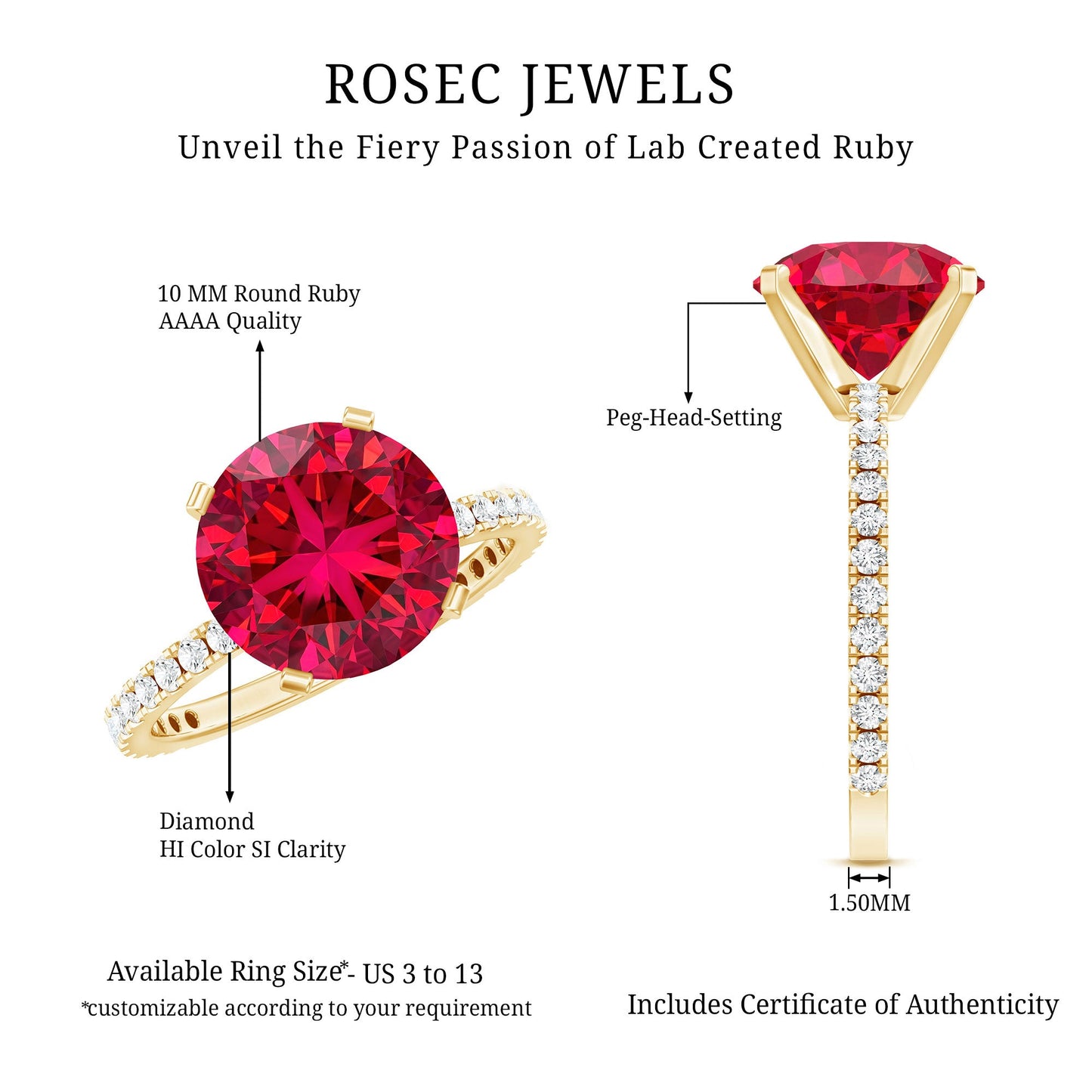 5 Carat Lab Created Ruby Solitaire Engagement Ring with Real Diamonds