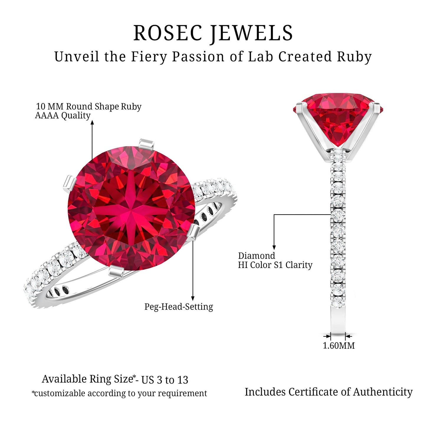 Round 5 Carat Lab Created Ruby Huge Engagement Ring with Diamond Side Stones