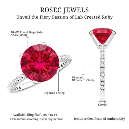 Round 5 Carat Lab Created Ruby Huge Engagement Ring with Diamond Side Stones