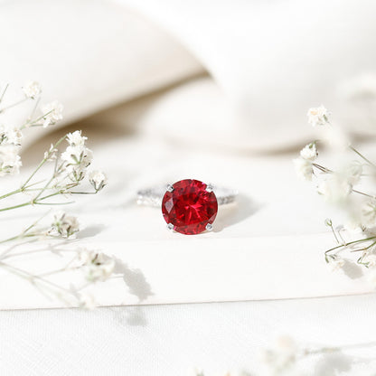 Round 5 Carat Lab Created Ruby Huge Engagement Ring with Diamond Side Stones