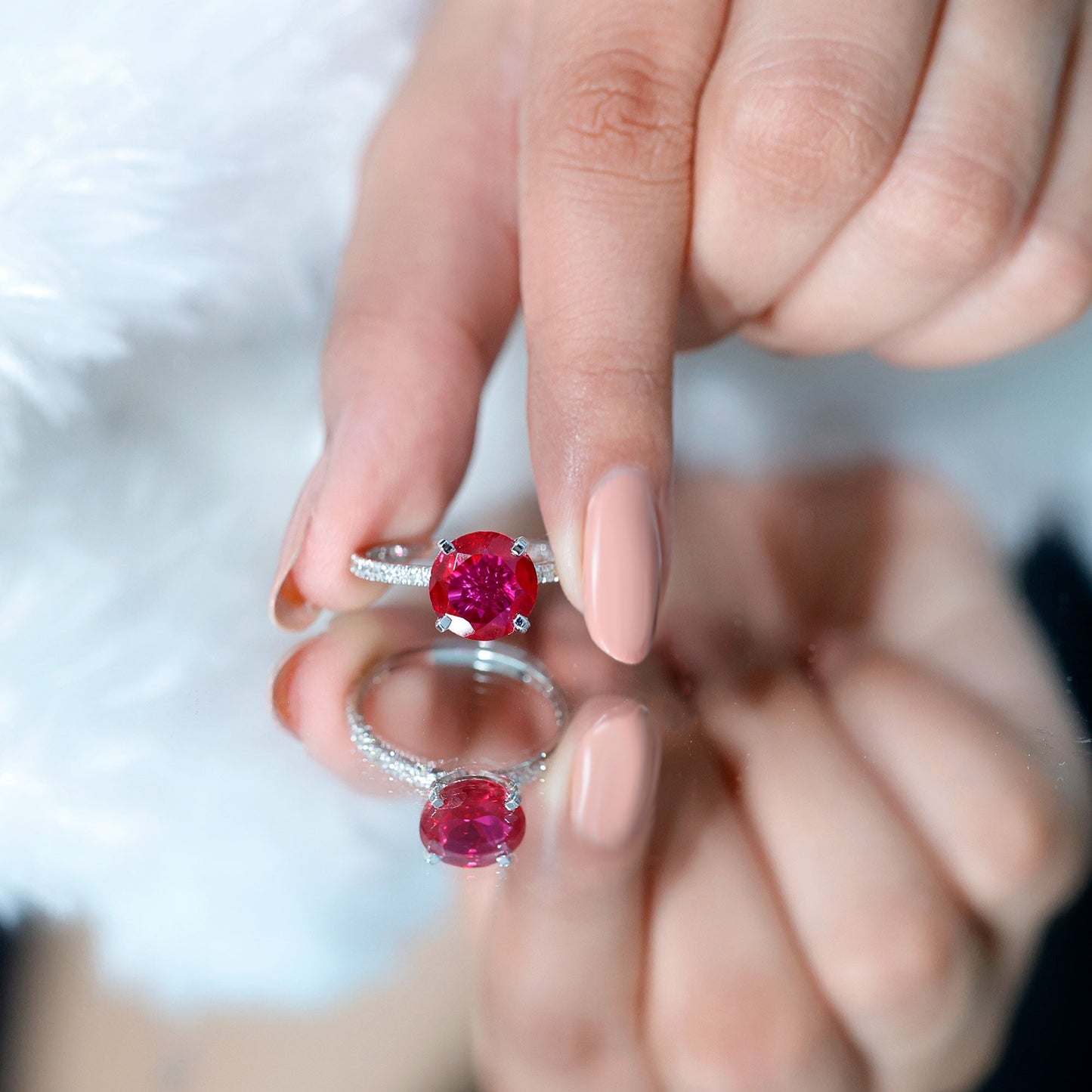 Round 5 Carat Lab Created Ruby Huge Engagement Ring with Diamond Side Stones
