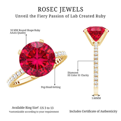 Round 5 Carat Lab Created Ruby Huge Engagement Ring with Diamond Side Stones