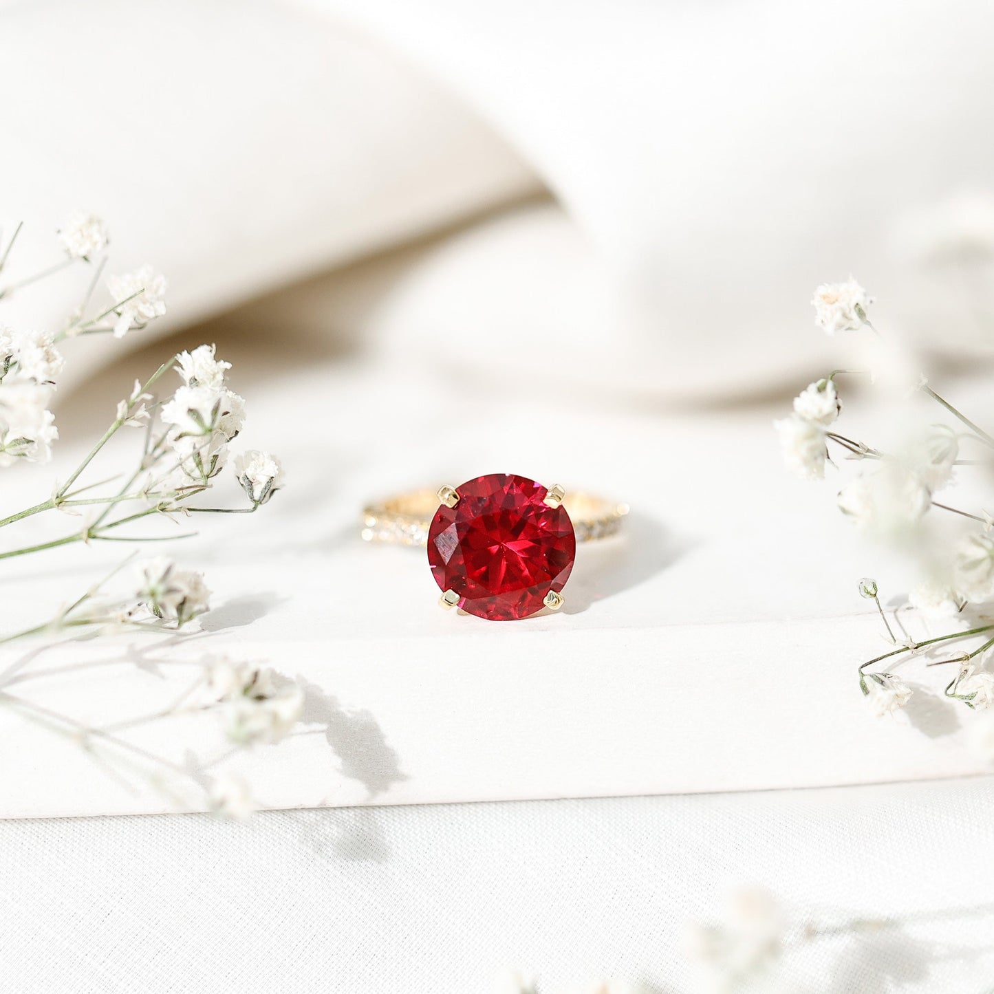 Round 5 Carat Lab Created Ruby Huge Engagement Ring with Diamond Side Stones