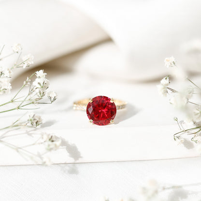 Round 5 Carat Lab Created Ruby Huge Engagement Ring with Diamond Side Stones