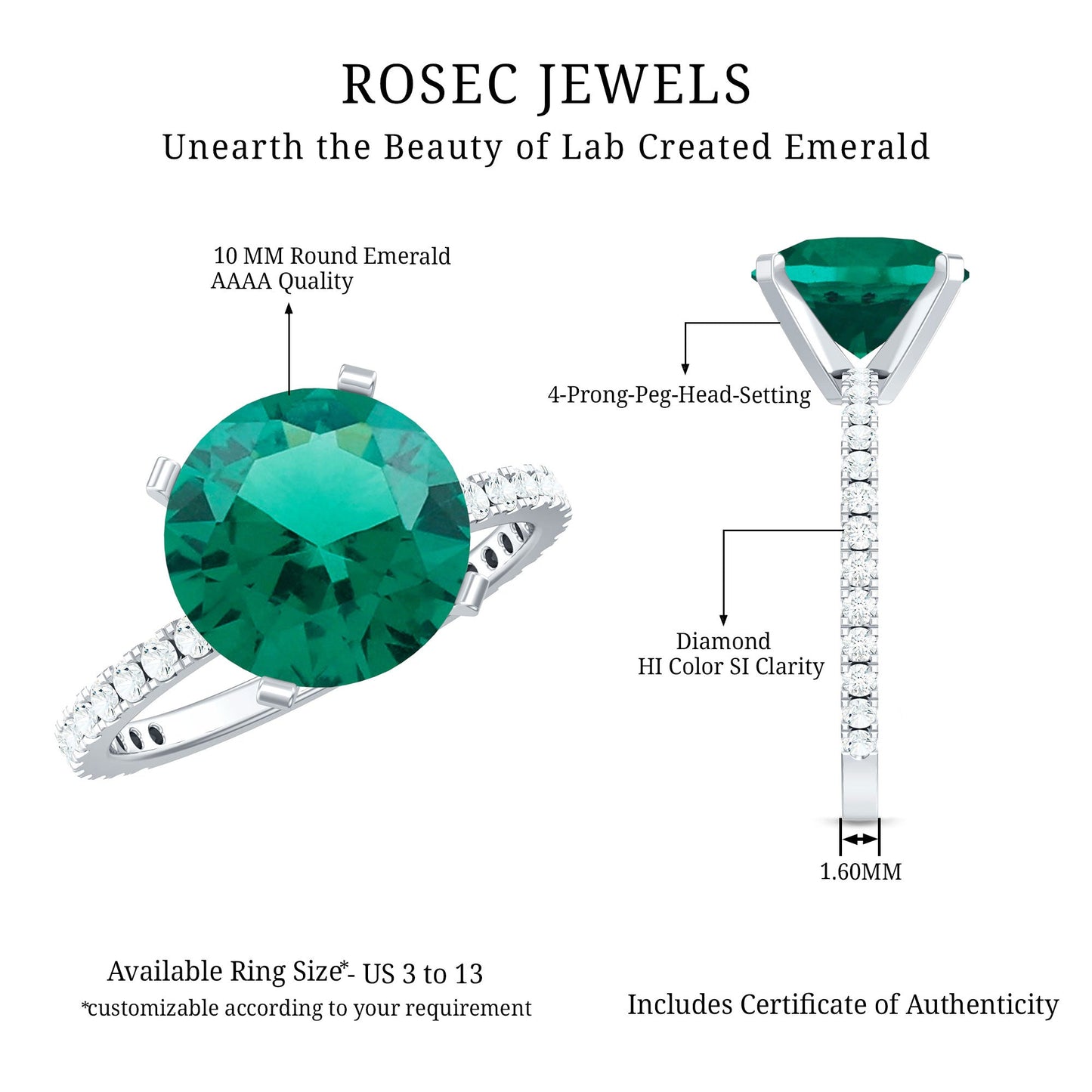 Certified 3.5 Carat Solitaire Lab Grown Emerald Engagement Ring with Diamond