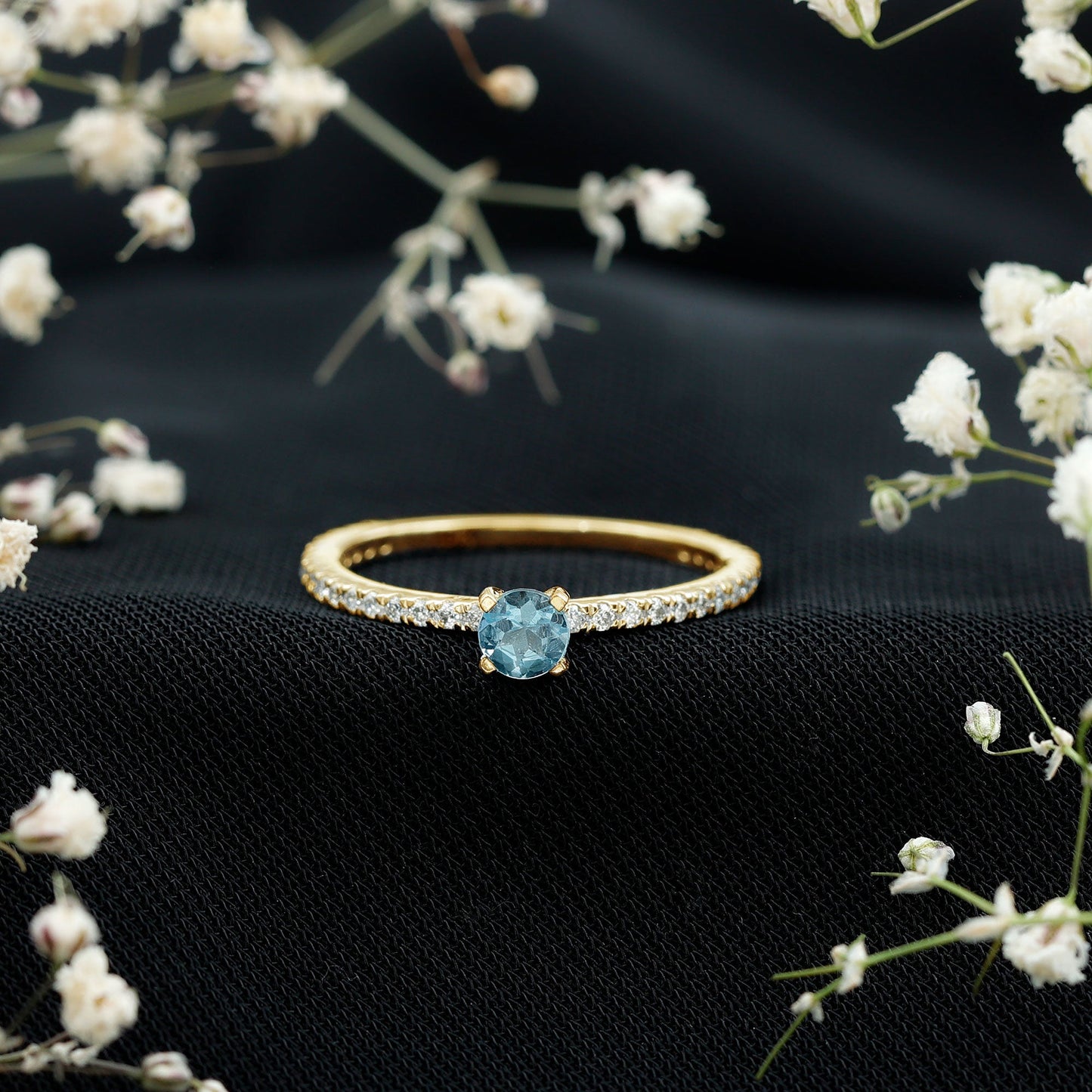 Real Aquamarine Solitaire Ring with Diamond Side Stones