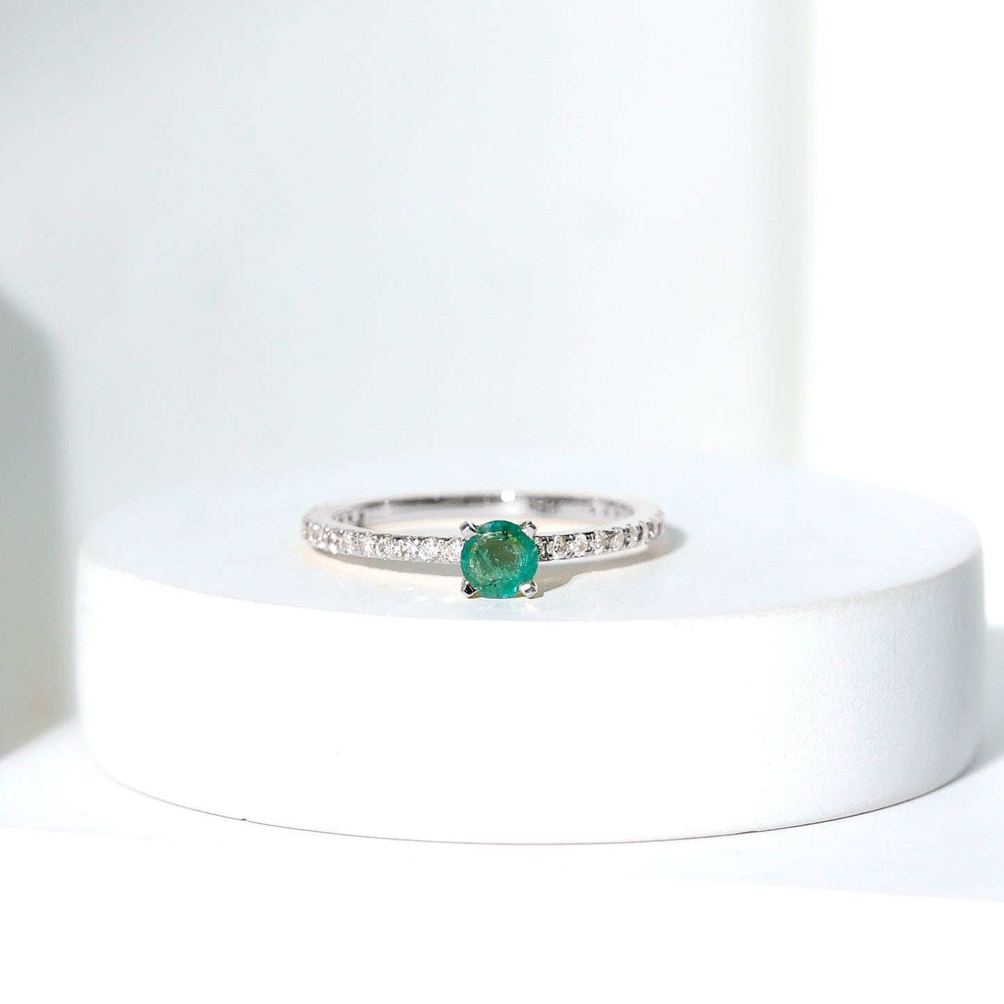 0.49 Carat Emerald Dainty Solitaire Ring with French Pave Set Diamond
