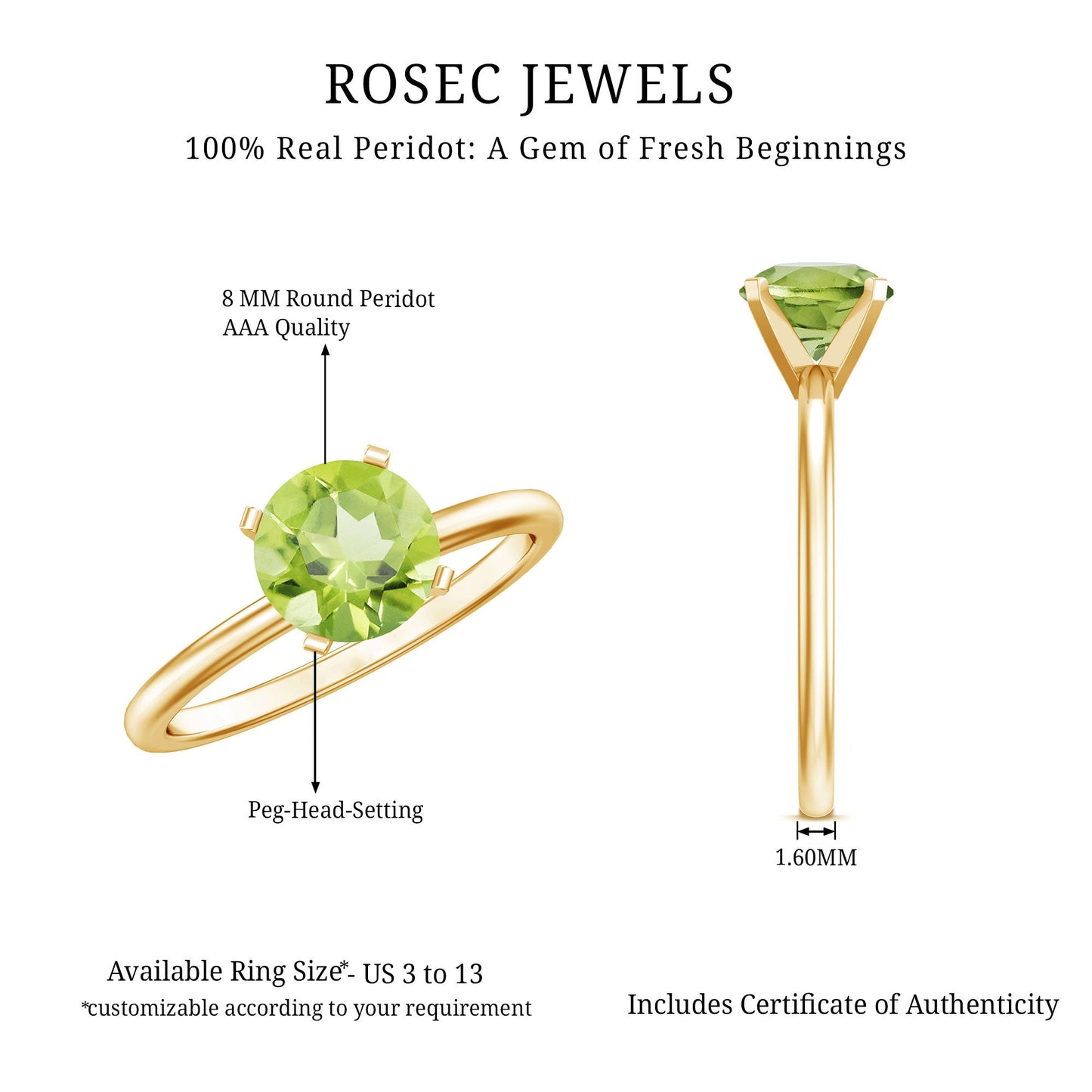 Natural 2 Carat Peridot Solitaire Engagement Ring for Women