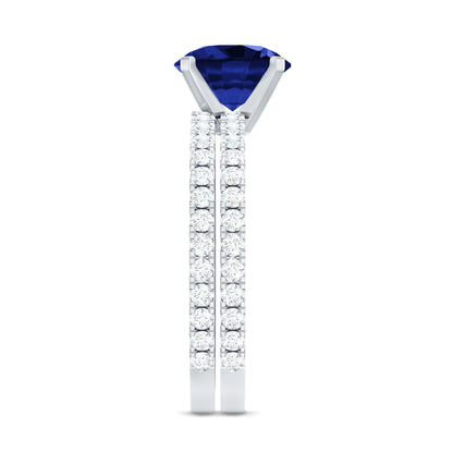 Round Lab Grown Blue Sapphire Solitaire Ring Set with Diamond