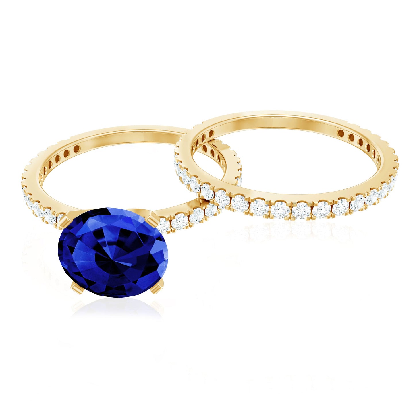 Round Lab Grown Blue Sapphire Solitaire Ring Set with Diamond
