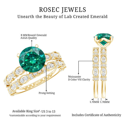 2 Carat Round Lab Created Emerald and Moissanite Vintage Inspired Ring Set