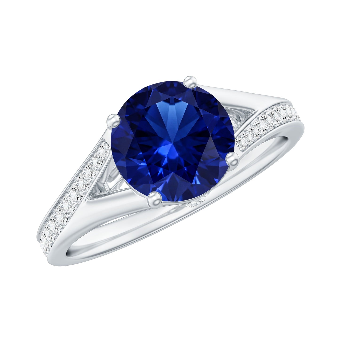 2.7 Carat Round Lab Grown Blue Sapphire Engagement Ring with Diamond Split Shank