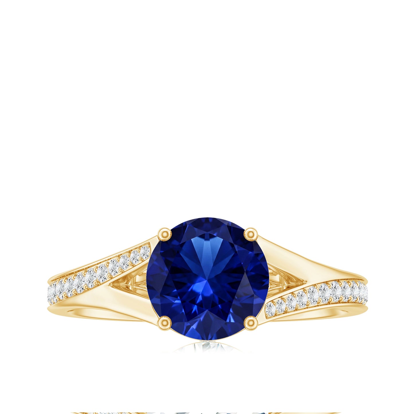 2.7 Carat Round Lab Grown Blue Sapphire Engagement Ring with Diamond Split Shank