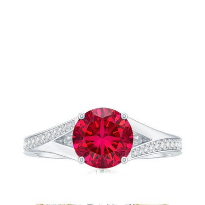 Lab Created Ruby and Diamond Engagement Ring in Split Shank