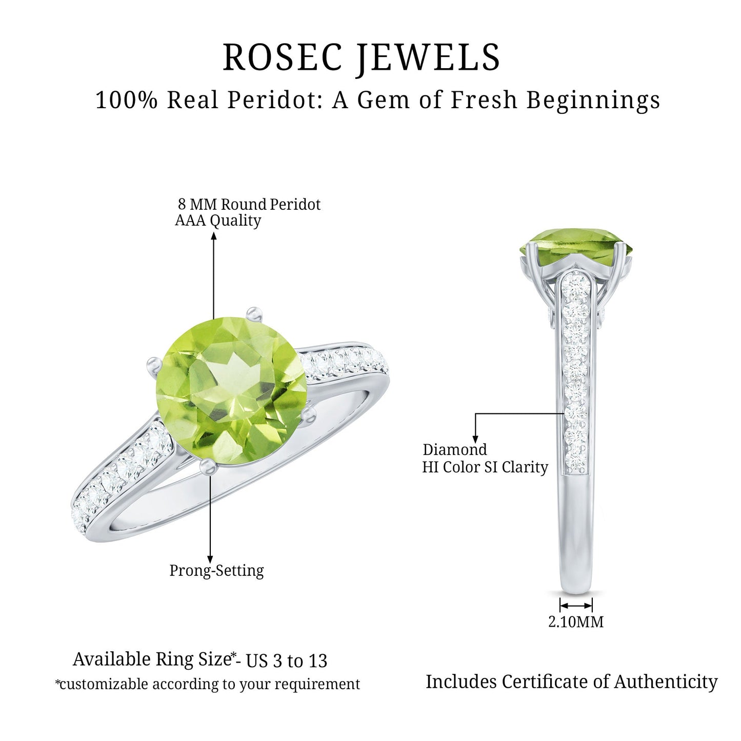 Natural 2 Carat Round Peridot Engagement Ring with Diamond