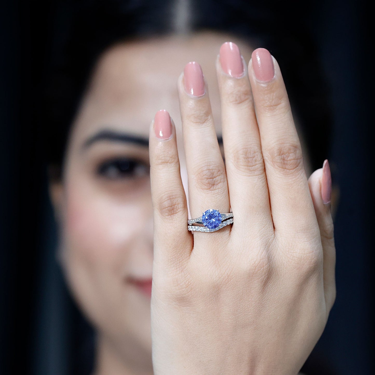 Certified 2.7 Carat Lab Grown Blue Sapphire Engagement Wedding Ring Set with Moissanite