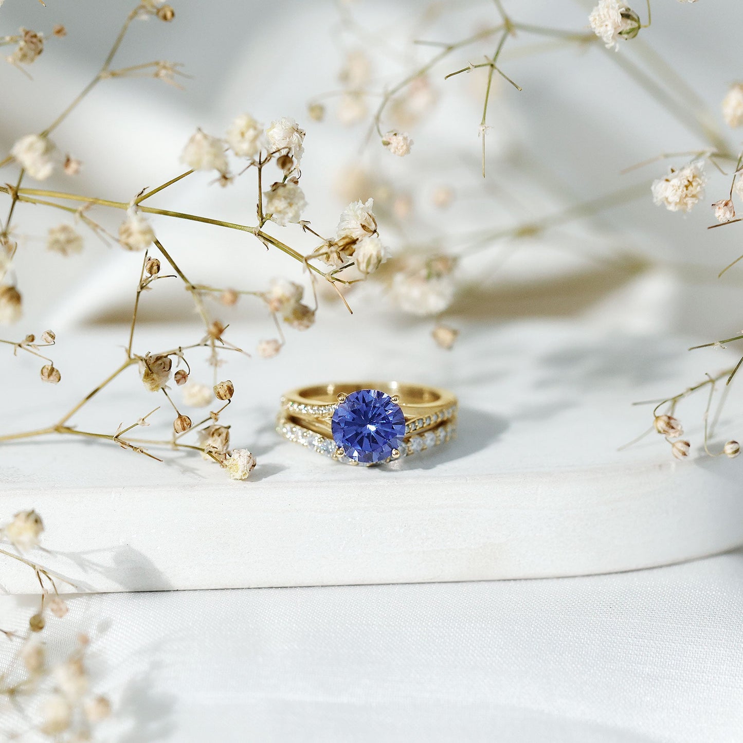Certified 2.7 Carat Lab Grown Blue Sapphire Engagement Wedding Ring Set with Moissanite