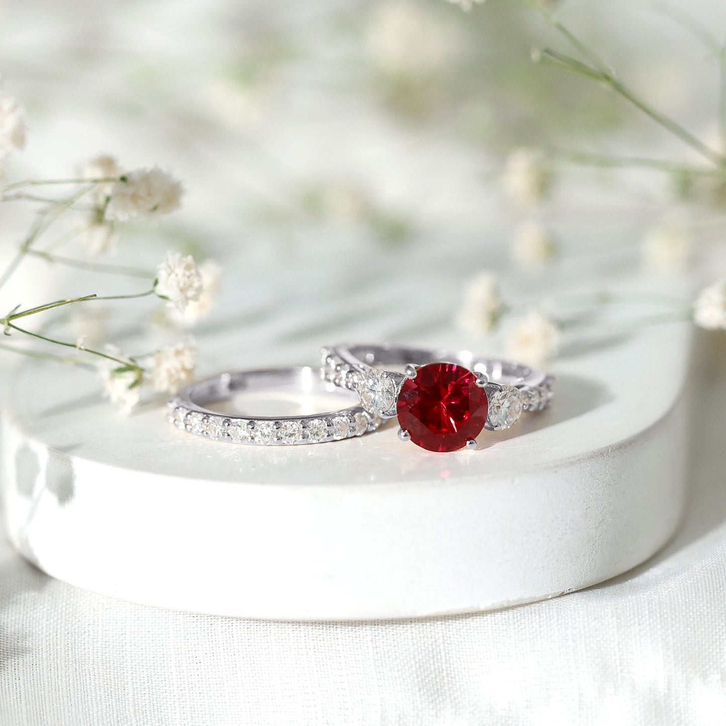 2.3 Carat Lab Created Ruby Bridal Ring Set with Moissanite