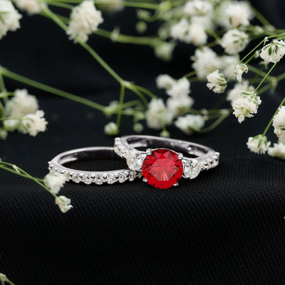 2.3 Carat Lab Created Ruby Bridal Ring Set with Moissanite