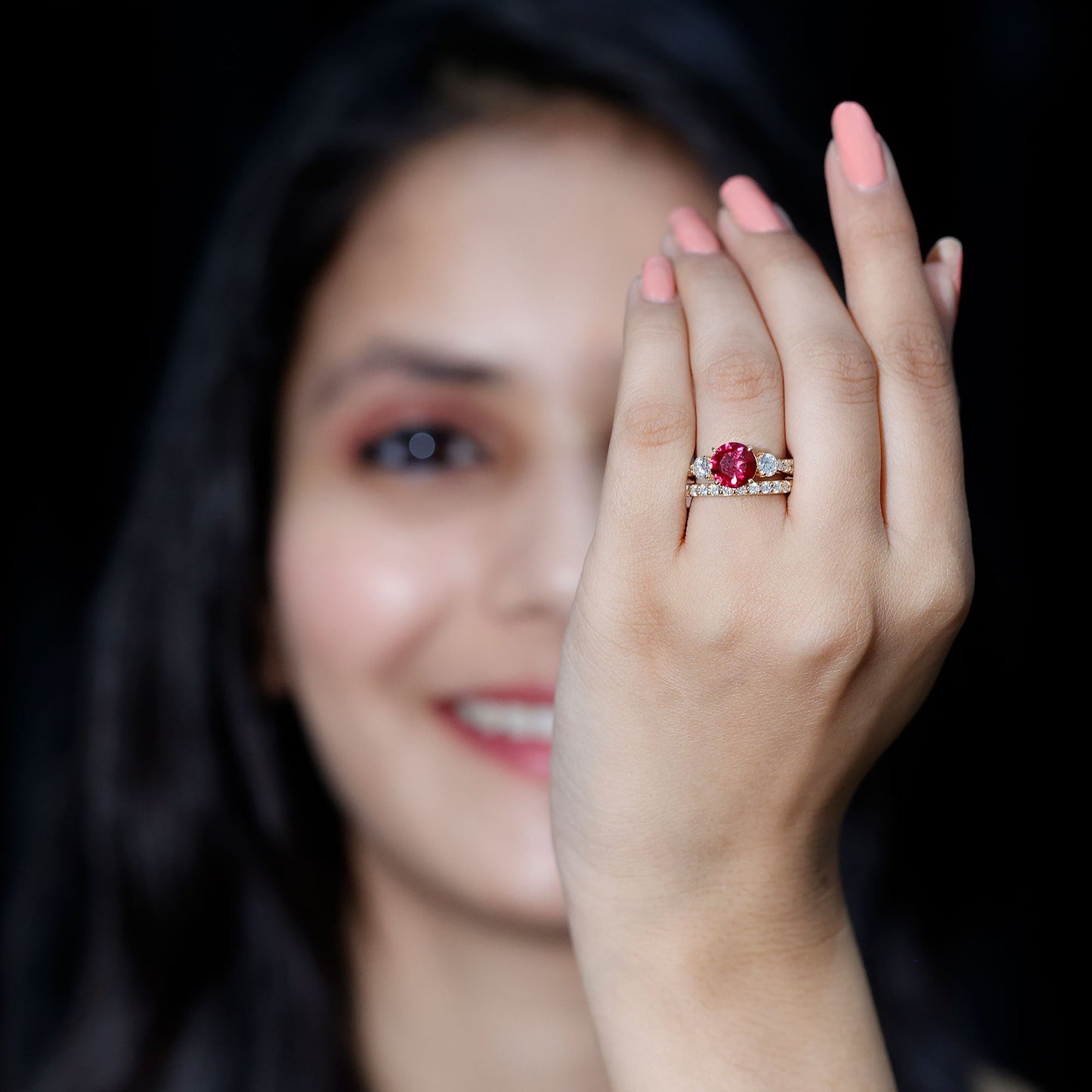 2.3 Carat Lab Created Ruby Bridal Ring Set with Moissanite
