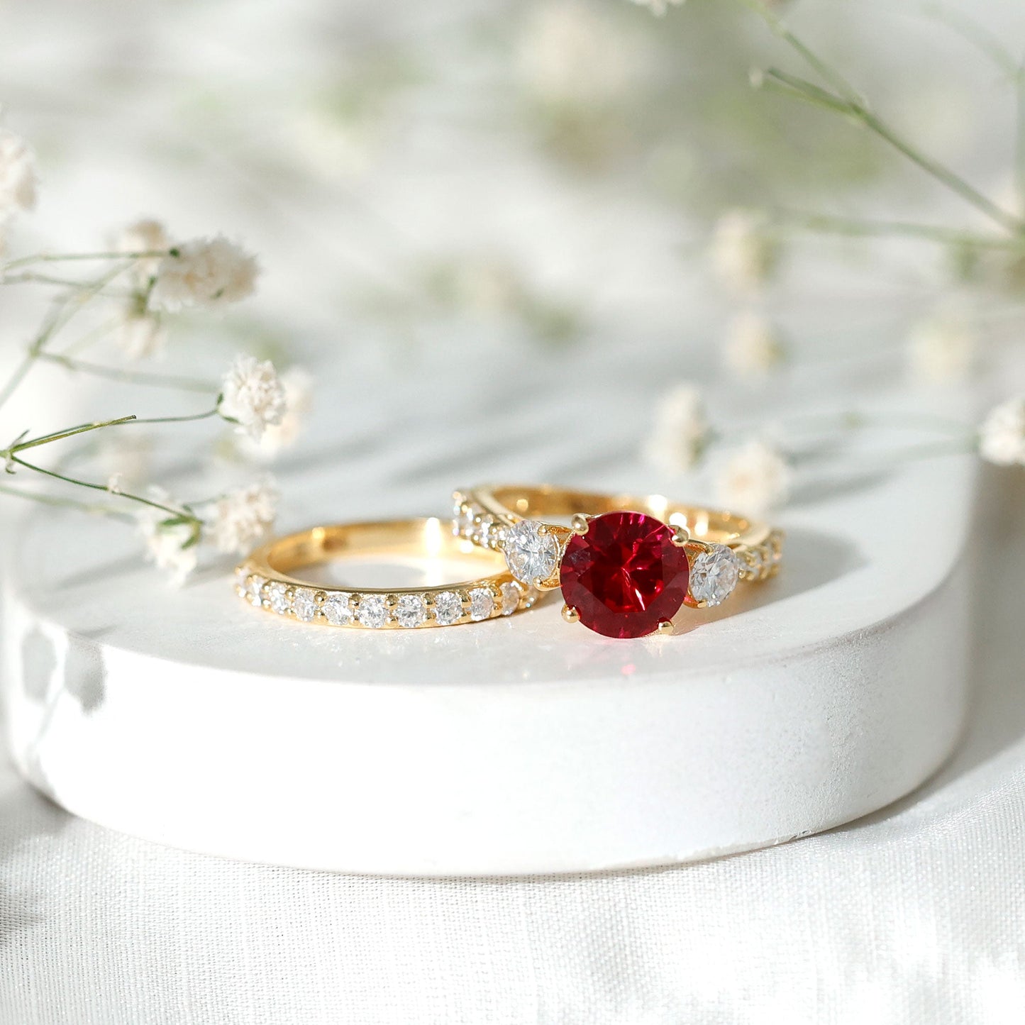 2.3 Carat Lab Created Ruby Bridal Ring Set with Moissanite