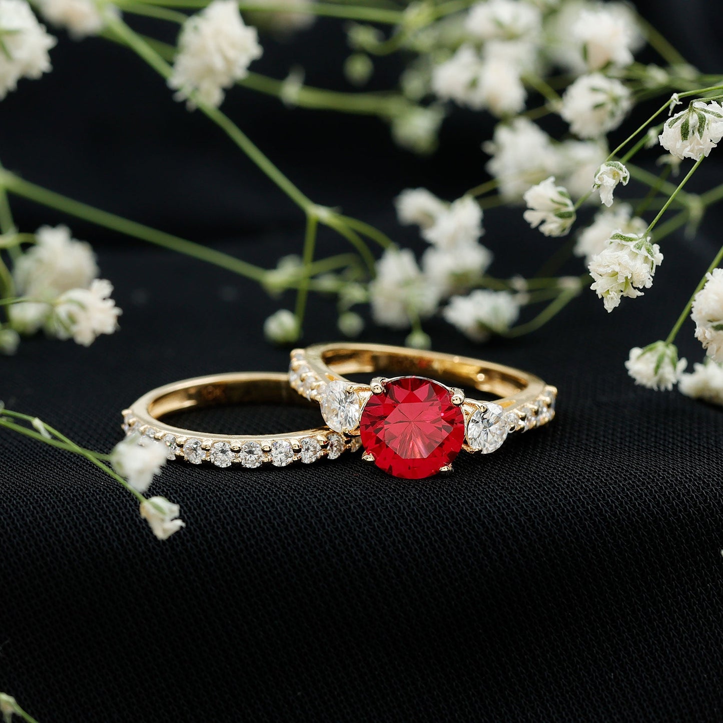 2.3 Carat Lab Created Ruby Bridal Ring Set with Moissanite