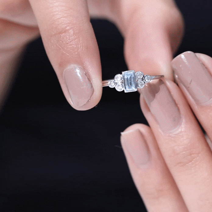 Natural Baguette Aquamarine Promise Ring with Diamond Trio
