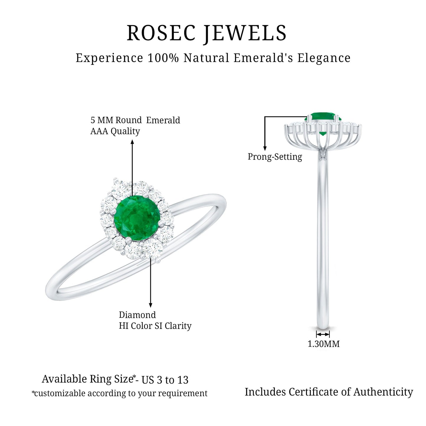 Certified Natural Emerald Promise Ring with Diamond Halo