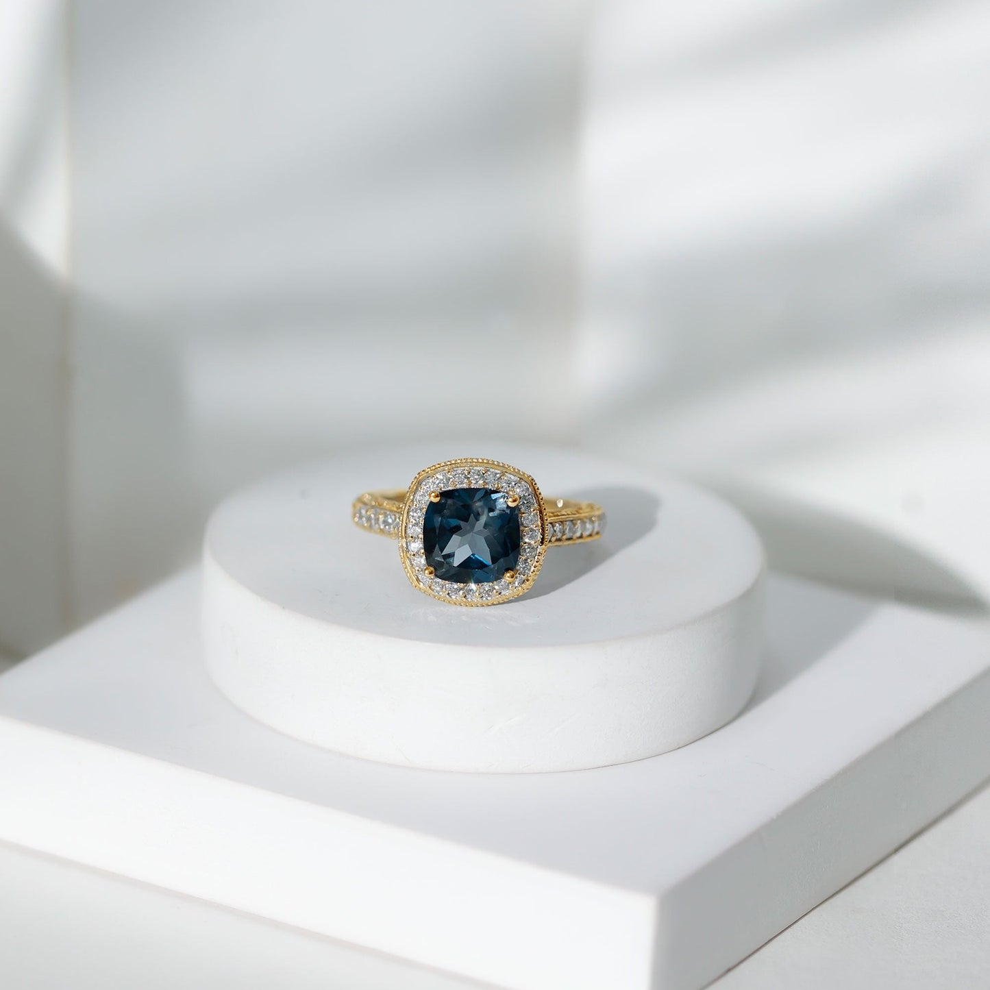 2.8 Carat Cushion Cut London Blue Topaz Halo Engagement Ring with Diamond