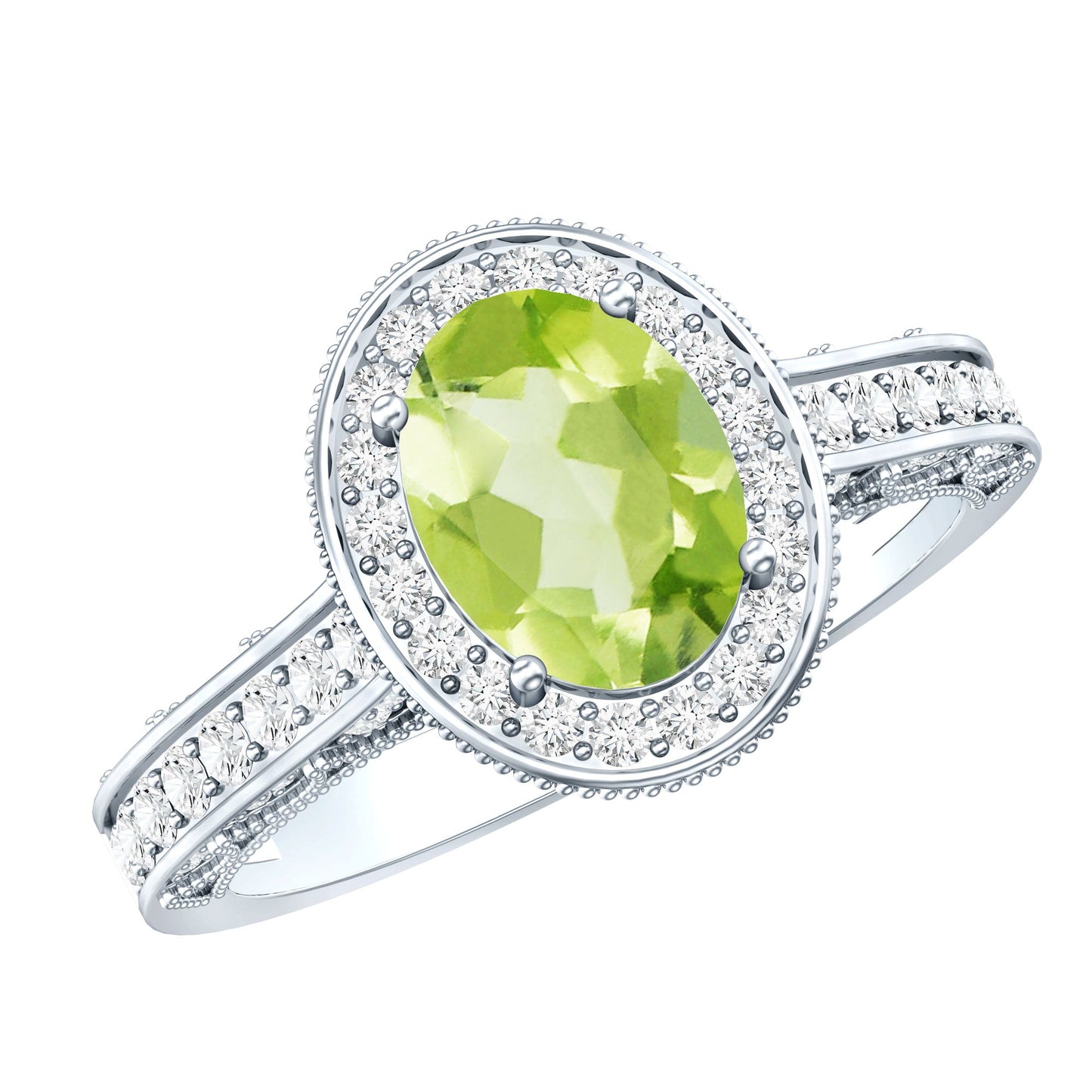 Natural Peridot and Diamond Engagement Ring with Milgrain Details