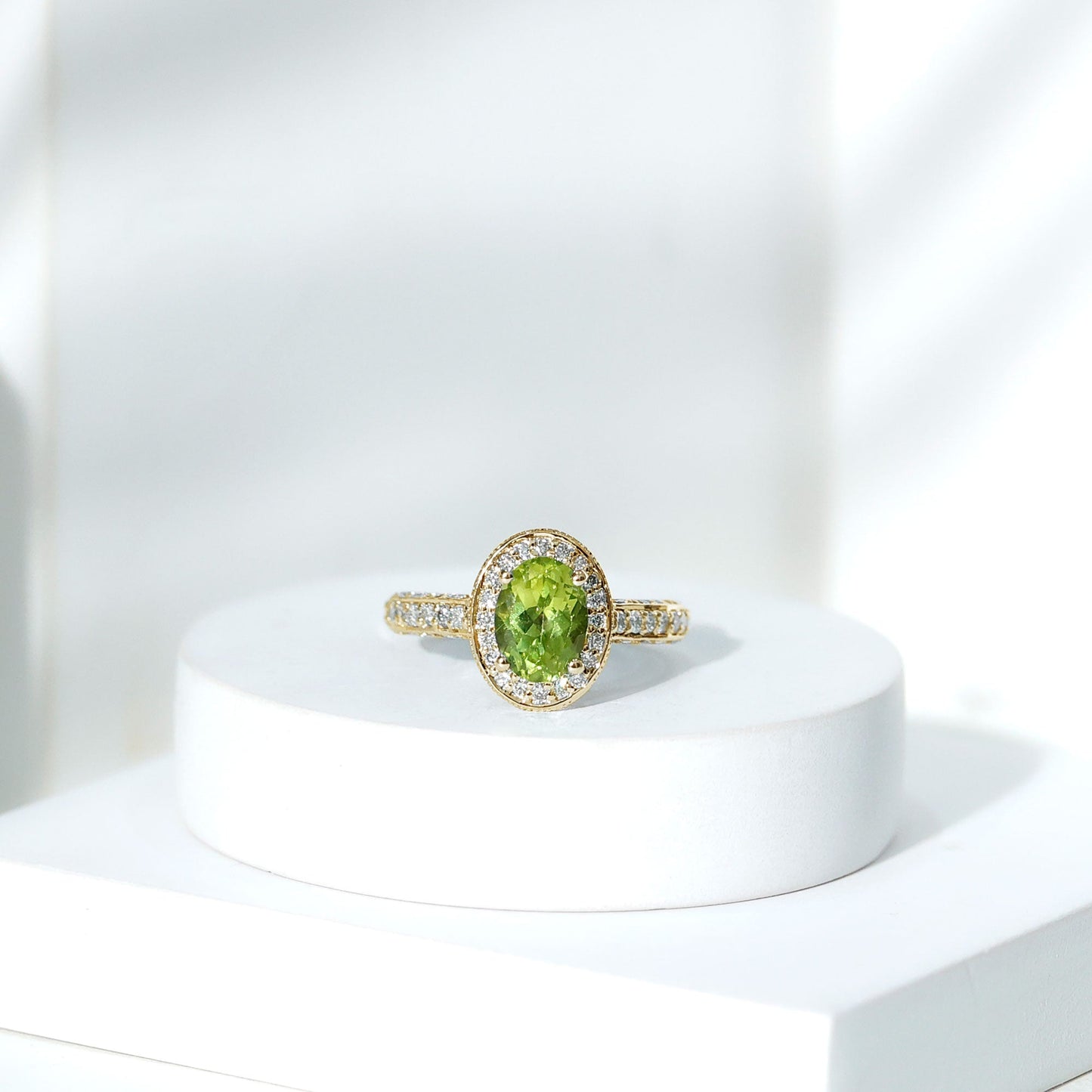 Natural Peridot and Diamond Engagement Ring with Milgrain Details