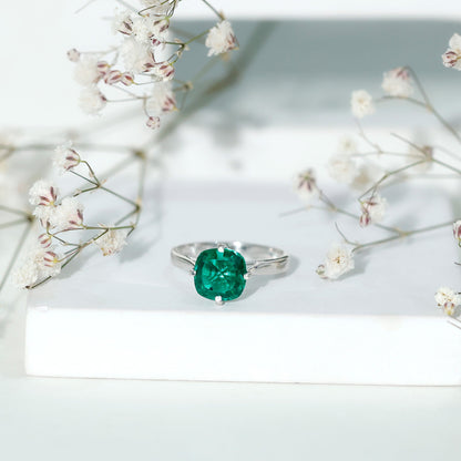 Cushion Cut Lab Grown Emerald Solitaire Engagement Ring