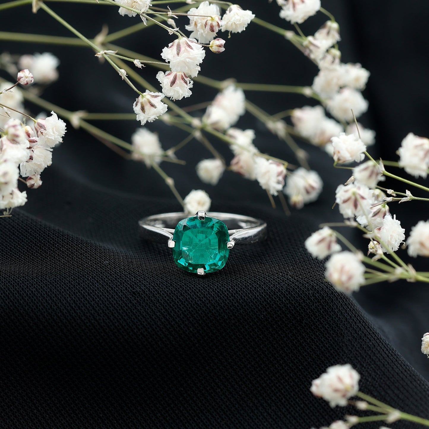 Cushion Cut Lab Grown Emerald Solitaire Engagement Ring