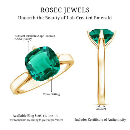 Cushion Cut Lab Grown Emerald Solitaire Engagement Ring