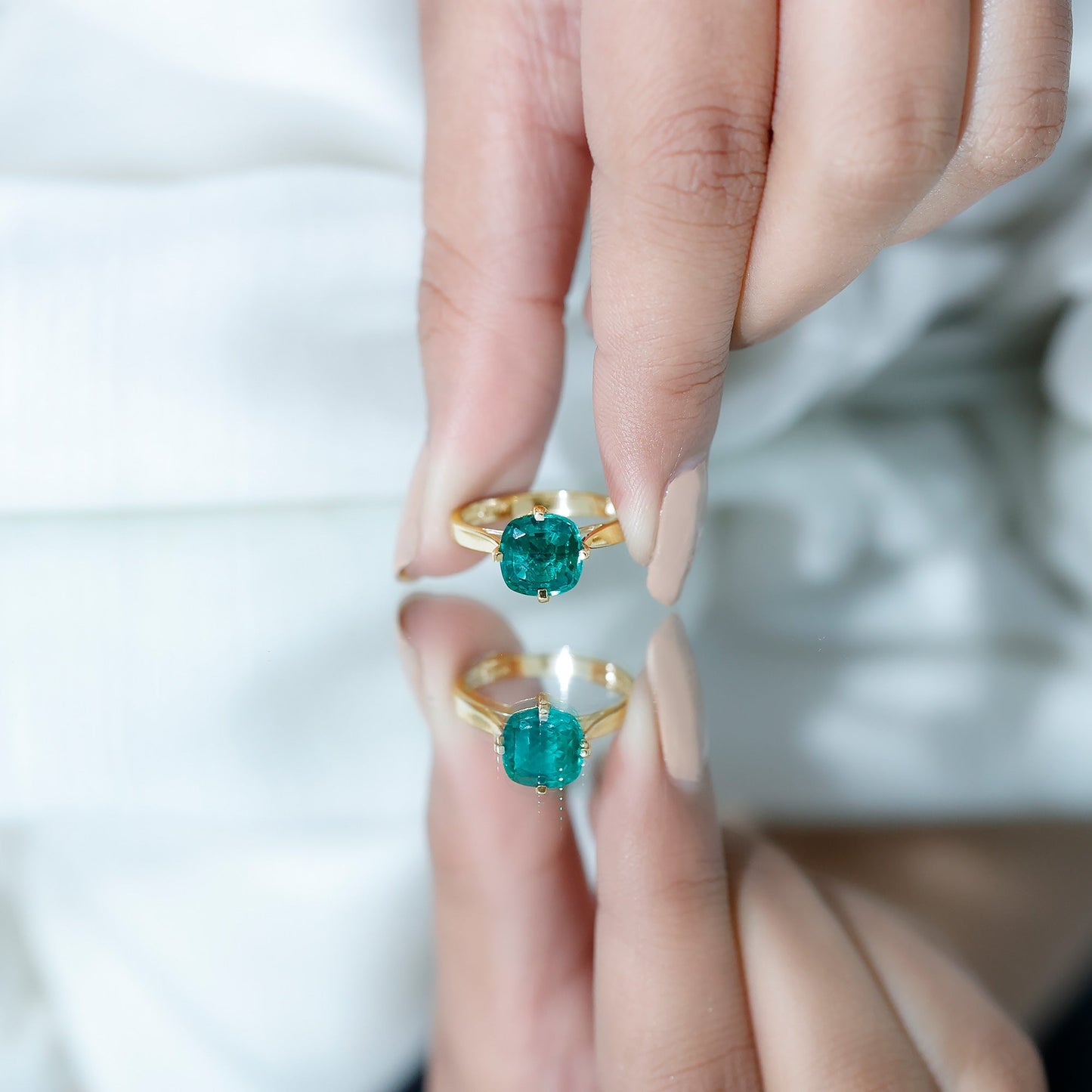 Cushion Cut Lab Grown Emerald Solitaire Engagement Ring