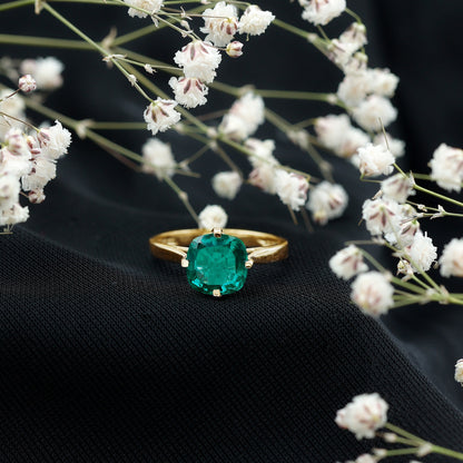 Cushion Cut Lab Grown Emerald Solitaire Engagement Ring
