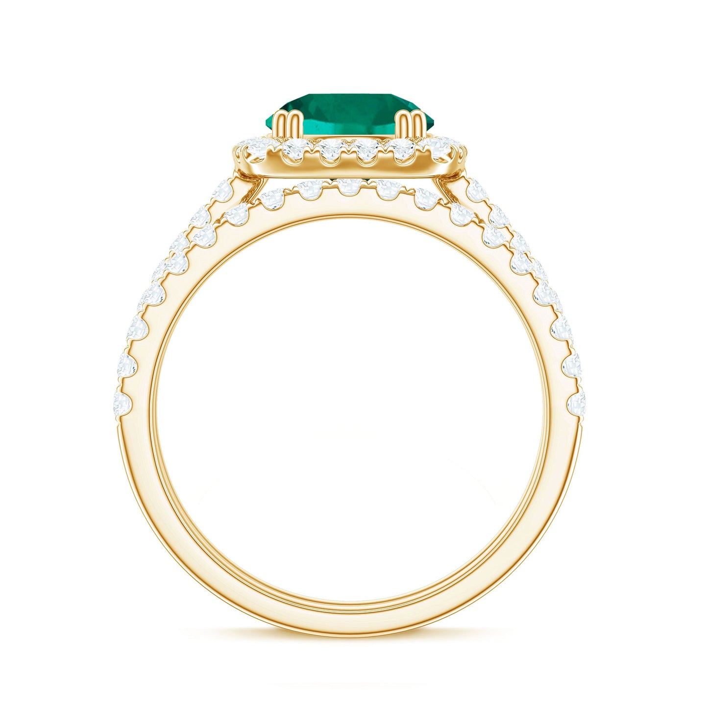 Certified Lab Grown Emerald Halo Engagement Ring with Moissanite Wedding Band