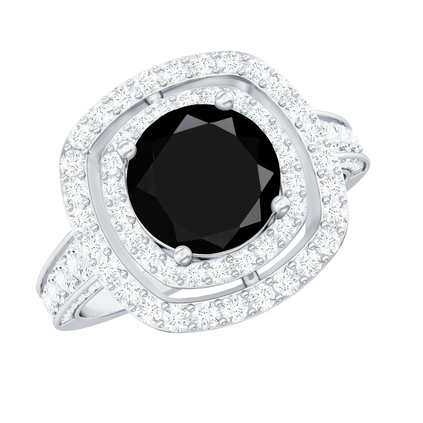 Certified 2 Carat Black Onyx Statement Engagement Ring with Diamond Double Halo