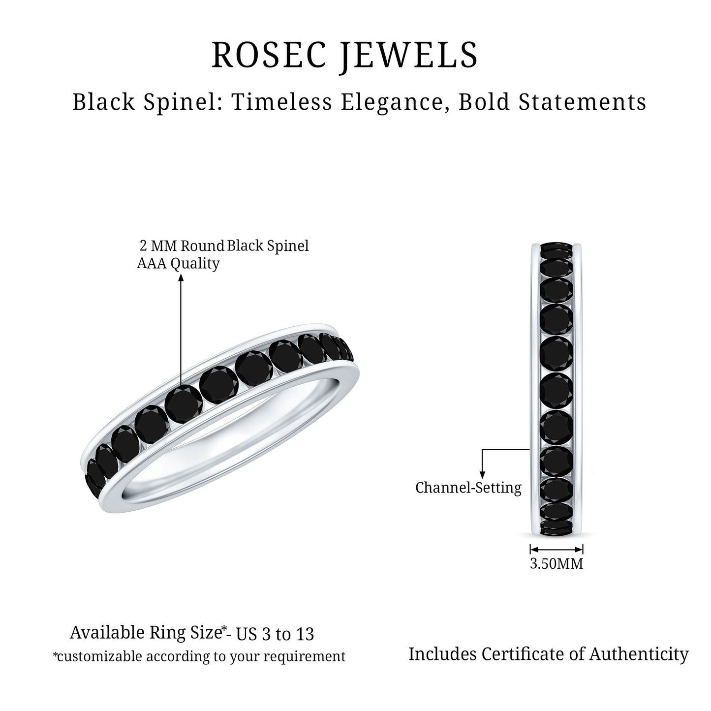 Natural Channel Set Black Spinel Eternity Ring for Anniversary