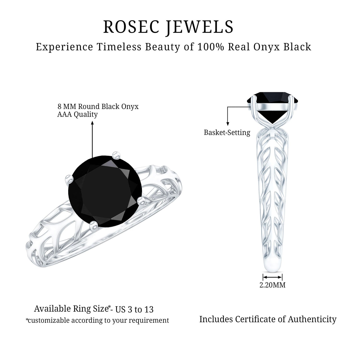 Round Cut Solitaire Black Onyx Engagement Ring with Certificate