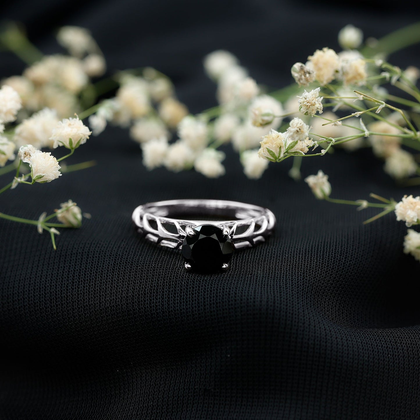 Round Cut Solitaire Black Onyx Engagement Ring with Certificate