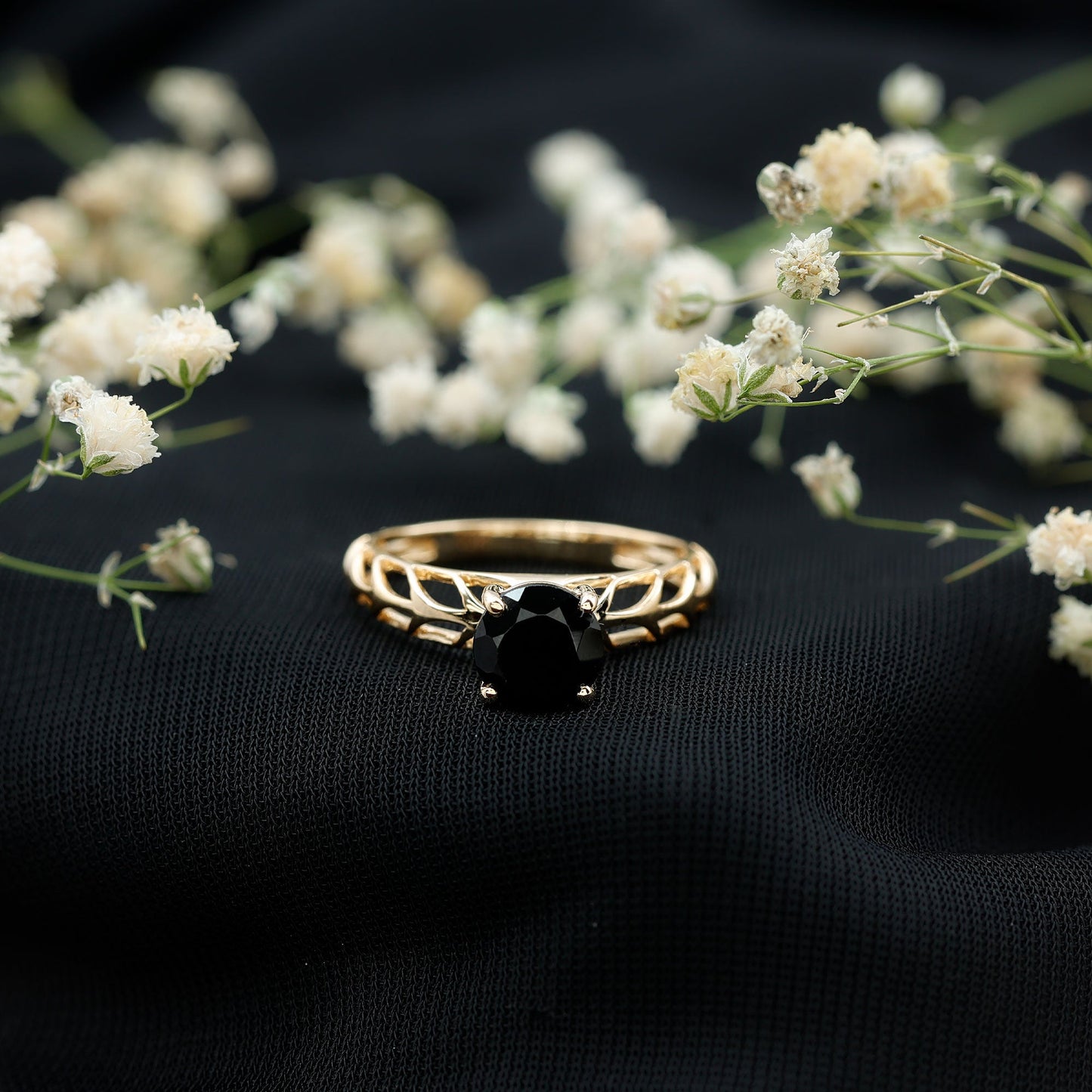 Round Cut Solitaire Black Onyx Engagement Ring with Certificate